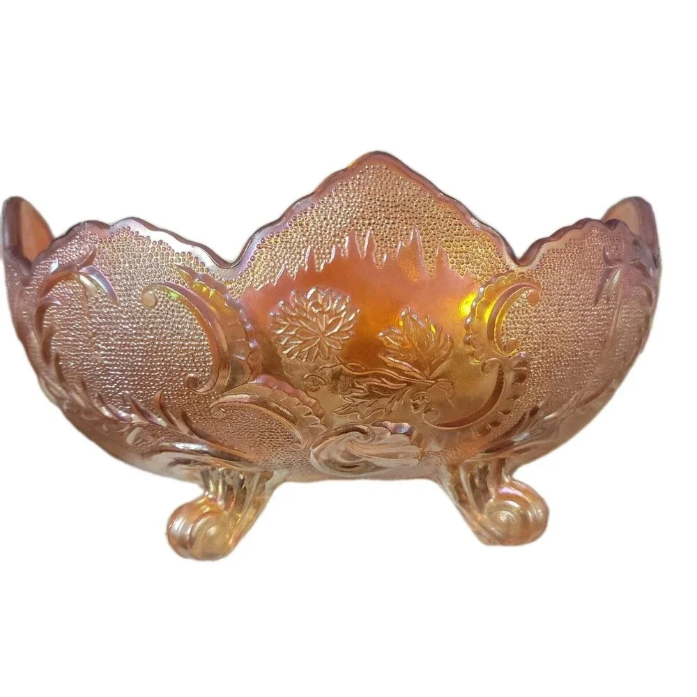 Vintage Carnival Glass Iridescent Footed Bowl Marigold Scalloped Floral Pattern